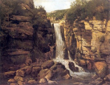  Courbet Werke - Landschaft mit Hirsch Wasserfall Landschaft Gustave Courbet